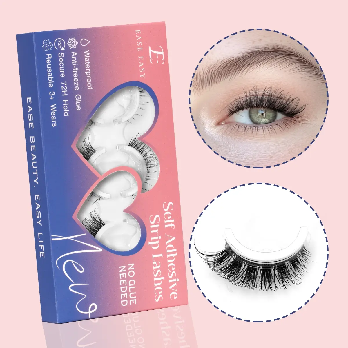 Ease Easy Strip Self-Adhesive Fake Eyelashes - No Glue Needed, Waterproof Anti-Freeze Formula, 72h Secure Hold, 3+ Reusable Wears, Lash Extensions Makeup Cosmetic