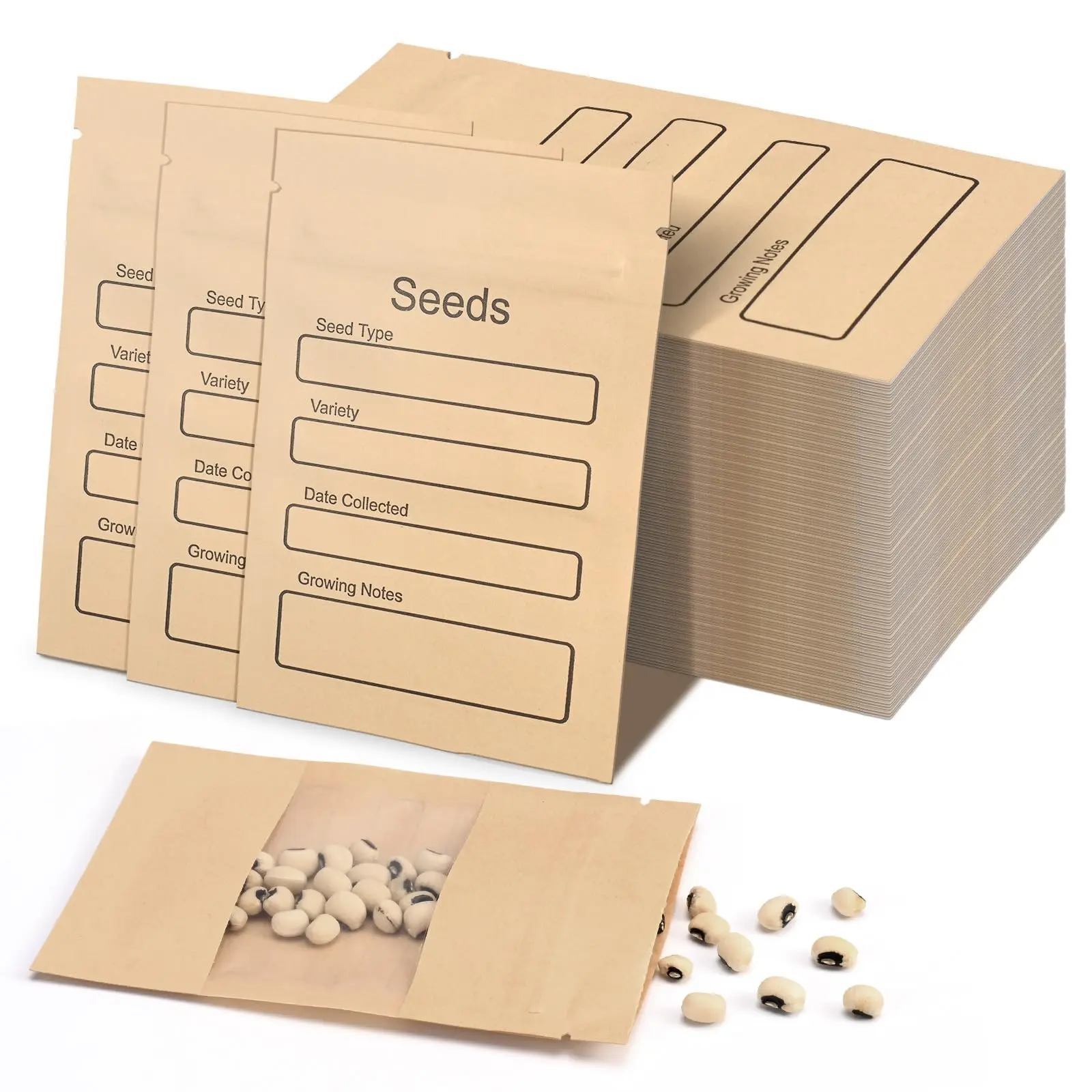 100 Pack Small Resealable Seed Envelopes with Clear Window, 3.15 x 4.72 Inch Brown Kraft Paper Seed Packets Envelopes with Preprinted Seed Collecting Template for Seed Storage, Seed Organizer