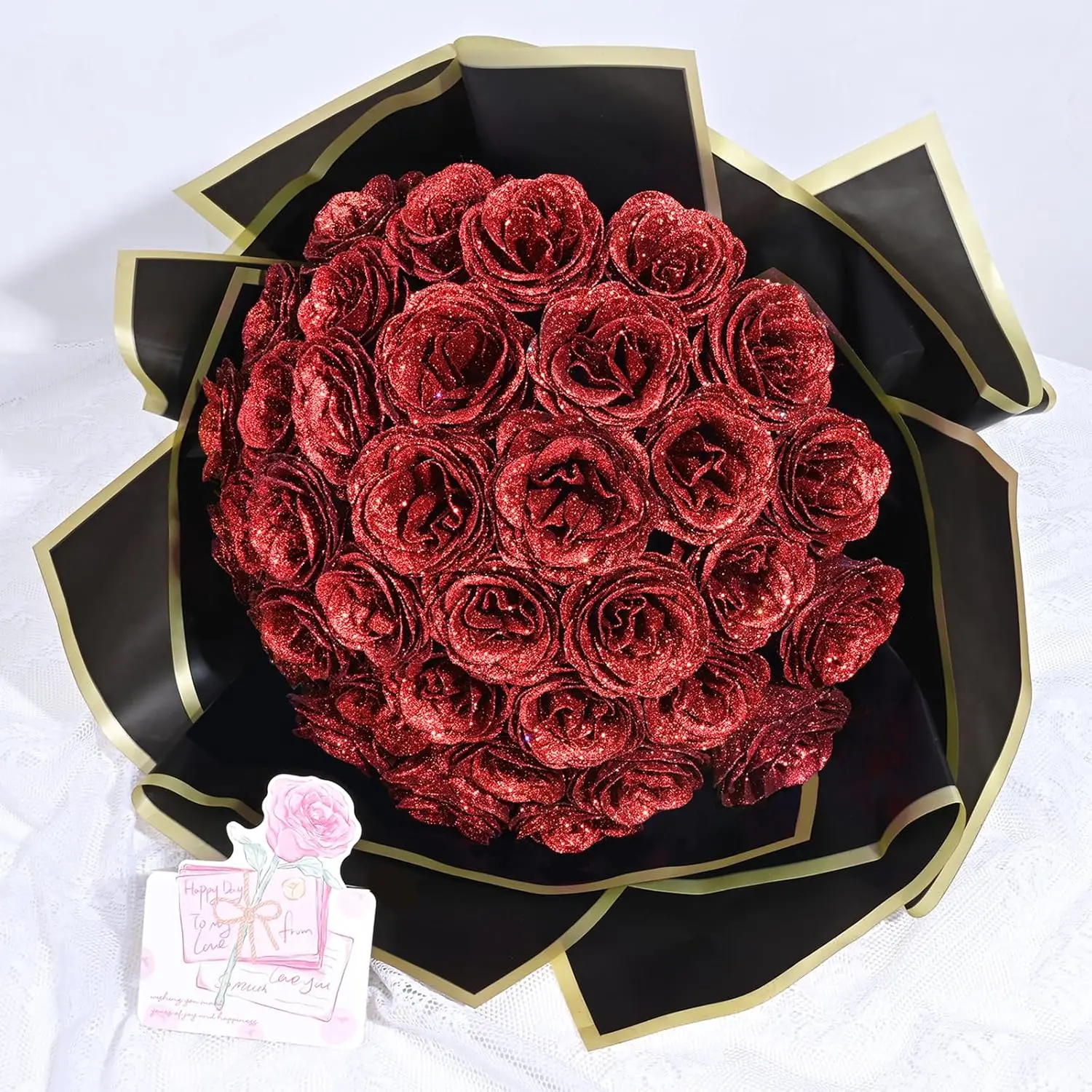Glitter Roses Bouquet, DIY  Glitter  Bouquet, Everlasting Shiny Artificial Red Rose Bouquet, Anniversary, Engagement, Wedding,36 Roses