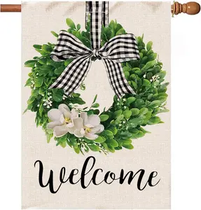 Spring Welcome House Flag 28x40 Inch Double Sided, Vertical Burlap Yard Flags for Outside Buffalo Plaid Bow Porch Summer Fall Outdoor Decor,Large Garden Flags