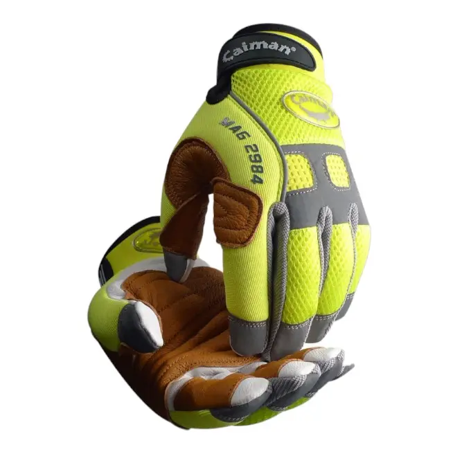 Caiman Men's Hi-Vis Goat Grain Leather Full-Finger Gloves - Abrasion Resistant, Durable, Heavy Duty Palm-Patched Rigger Gloves for Rappelling, Mechanical Work Safety, Abrasion Resistant Gloves