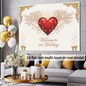 1PC,2D Flat Romantic Wedding Heart with Wings Backdrop, European Retro Wedding Decor Tapestry, Photo Background Cloth for Birthday Party Proposal Scene Decoration, Wall Hanging for Ceremony Setup