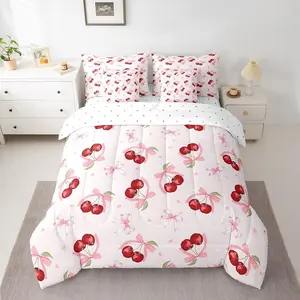 Bowknot Cherry Comforter Set with Sheets Kids Cherry Pattern Bed in a Bag for Boys Girls Teens Cute Fruit Baby Pink 7 Pieces Bedding Set