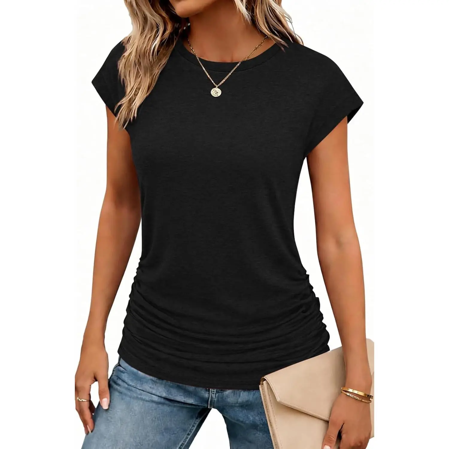 Women's Lightweight Ruched Short-Sleeve Crinkle Tunic Shirt - Soft Fabric Clothes, Casual Round Neck, Loose-Fit Basic Blouse, Cap-Friendly, Pairable with Leggings & Blazer, Ideal for Vacation & Beach