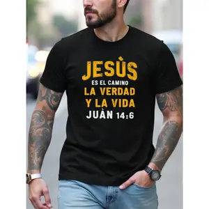 Men'S Christian Faith T-Shirt - Saved My Life & Spanish Bible Verse (Juan 14:6) Print - with Yellow Lettering - Regular Fit Casual Crew Neck Short Sleeve - Religious Apparel for Easter, Church, Casual Attire - All-Season - Spanish/English Bili