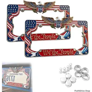2PCS  250th Anniversary American Flag License Plate Frame, Heavy Duty Aluminum Eagle Car Tag Holder, We The People Standard Auto Decor, Patriotic Vehicle Accessories For Men Women, July 4th Truck Gear