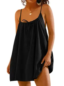 Women's Solid Color Backless Adjustable Spaghetti Strap Cami Dress, Casual Sleeveless Dress for Summer, Ladies Clothes for Beach Holiday Vacation