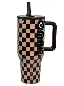 Hydrojug 40oz Insulated Tumbler with Handle & Straw Brown Checkerboard Stainless Steel Water Bottle Leakproof Lid BPA Free for Travel Gym Camping Daily Use Drinkware Flasks twist-on sarcastic frozen drink toddler can bartender airplane gourd pink pepper
