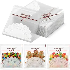 500 count Clear Self-adhesive Cookie Bags with Lace Bowknot, 5.5" x 5.5" Plastic Cute  Bags Individual Candy Dessert Wrapper Bag Wedding Party Favor Packaging Bag for Cookie  Bakery
