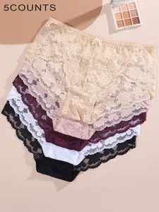 Soft Floral Lace Low Rise Panties Sheer Back Bow Decor Elegance Breathable Women's Underwear (5 Counts)