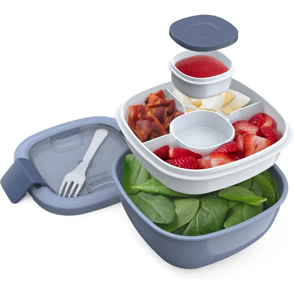 BPA-Free Slate Salad Container - 54 oz Bowl with 4-Compartment Removable Bento Tray, Airtight Lid, Leak-Proof Dressing Container, Secure Locking Clips, Microwave-Safe Reusable Lunch Box for Healthy Meal Prep, Food Storage & Meal Prep Ideas, Reusable Fork,