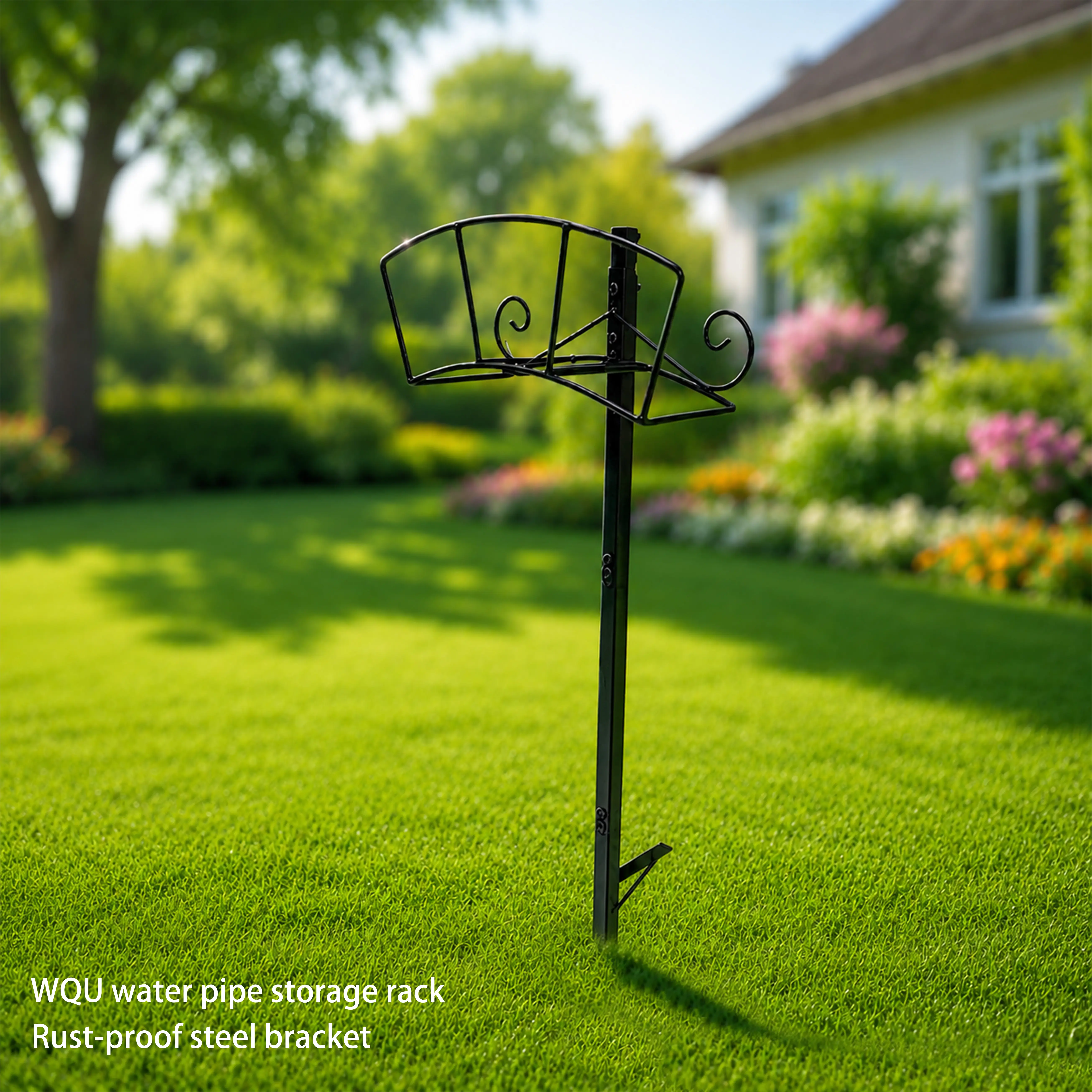 Single-Leg Heavy-Duty Freestanding Hose Storage Rack - No Drill Outdoor Watering Solution with Ground Stakes for Compact Patios, Flower Beds, Garden Hoses & Reels (All Year Round Use)