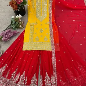 Beautiful Embroidery Multicolored Sarara Kurtha Set with Rich Gold Accents and Red Dupatta