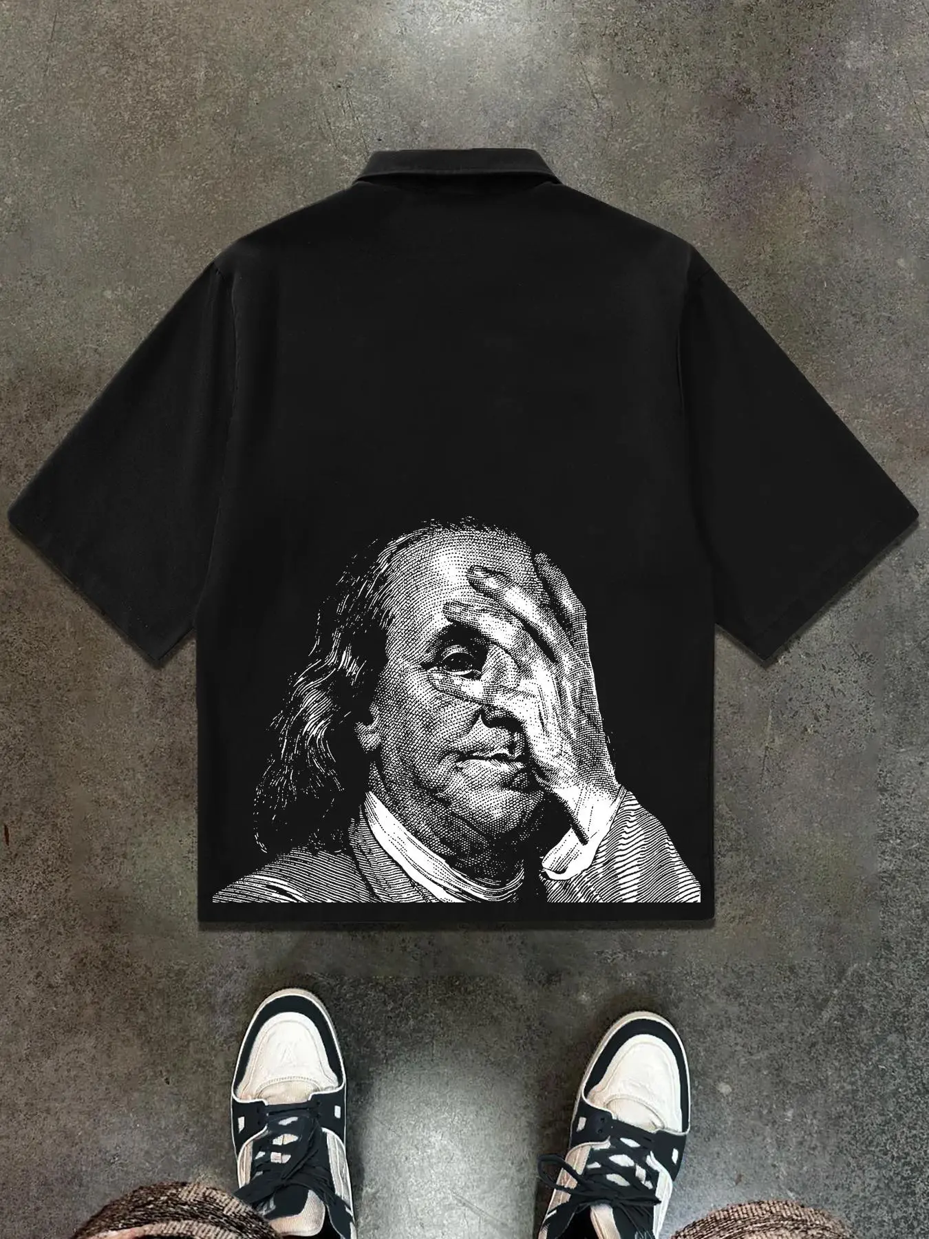 Men's Benjamin Franklin Print Short Sleeve Shirt, Loose Oversized Baggy Street Fashion Casual Graphic Design Lapel Neckline Top for Summer, Men's Clothes for Daily Wear, Casual Streetwear, Gamis, Menswear