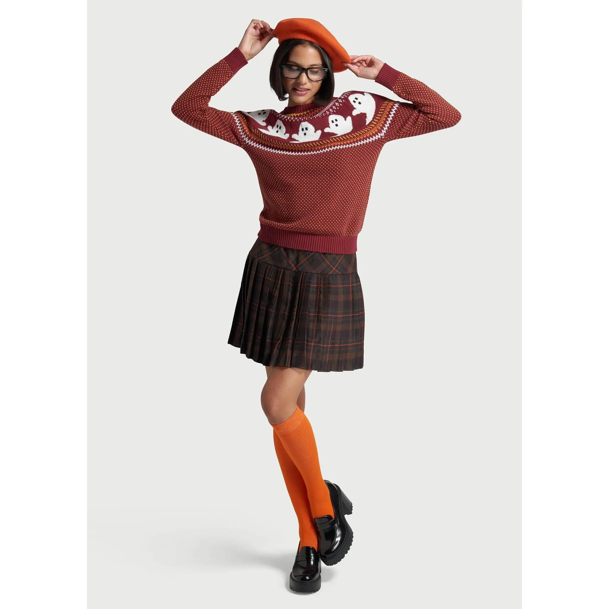 ModCloth You've Been Ghosted Fair Isle Sweater Long Sleeve 100% Cotton Rusty Red Ghost Print XS-4X