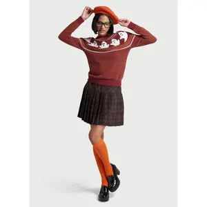 ModCloth You've Been Ghosted Fair Isle Sweater Long Sleeve 100% Cotton Rusty Red Ghost Print XS-4X