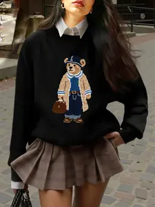 Women's Casual Long Sleeve Knit Top, Cute College Bear Print, Fitted Pullover, All Season Holiday Wear, Fall & Winter Fashion, Casual Jumper
