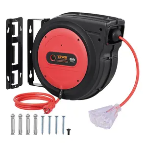 VEVOR Retractable Extension Cord Reel, 80 FT, Heavy Duty 12AWG/3C SJTOW Retractable Power Cord with Lighted Triple Tap Outlet, 15 Amp Circuit Breaker 180 °   Swivel Bracket for Ceiling or Wall Mount