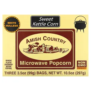 Amish Country Popcorn Microwave Popcorn, Sweet Kettle Corn, 3 Bags, 3.5 oz (99 g) Each