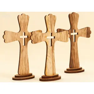 Rustic Wooden Cross Centerpieces 3-Pack, 6 x 2 x 9 Inch Brown Wood Cross Decor, Baptism and First Communion Table Centerpieces, Reusable Wooden Crosses for Church Events and Craft Projects