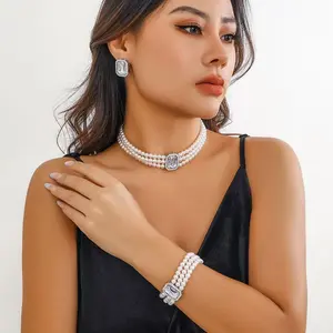 Vintage Lady - style Pearl Jewelry Set, Multi - layer Pearl & Diamond - inlaid Necklace, Bracelet & Earrings 3 - piece Set Elegant Square Diamond Banquet Accessories, Daily Versatile Non - fading High - end Jewelry