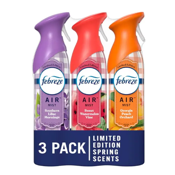 Febreze Air Mist Odor-Fighting Air Freshener Mixed Scent, Southern Lilac Mornings, Georgia Peach Orchard, Sweet Watermelon Vine, 8.8 oz. Aerosol Can, Pack of 3
