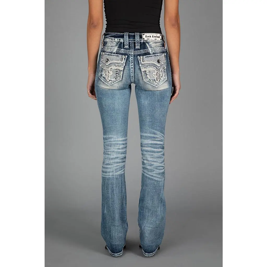 Rock Revival Women's Roselia Bootcut Fit Jeans in Stretch Denim with Fleur-de-Lis Embroidery, Medium Wash Bottoms - Designed in Los Angeles, Pewter Hardware, Stretch Denim Moves Easy