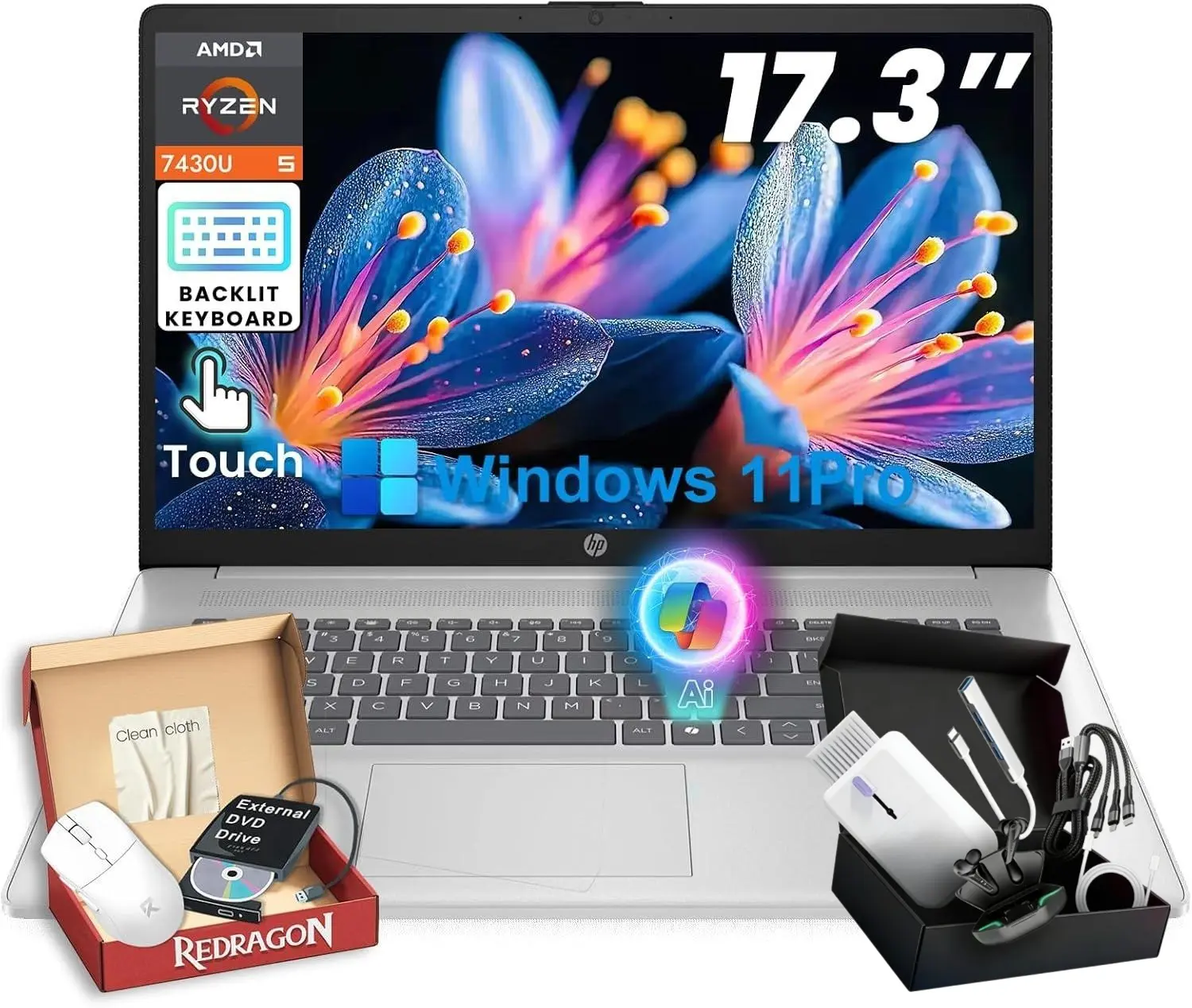 HP Flagship 17.3-Inch Touchscreen Laptop for Work, Streaming & Students - AMD Ryzen 5 7430U, 1600 x 900 Anti-Glare HD+ Display, Backlit Keyboard, Windows 11 Pro, Wi-Fi 6, HD Webcam, Copilot (8/16/32GB RAM, 256GB/512GB/1TB/2TB SSD)