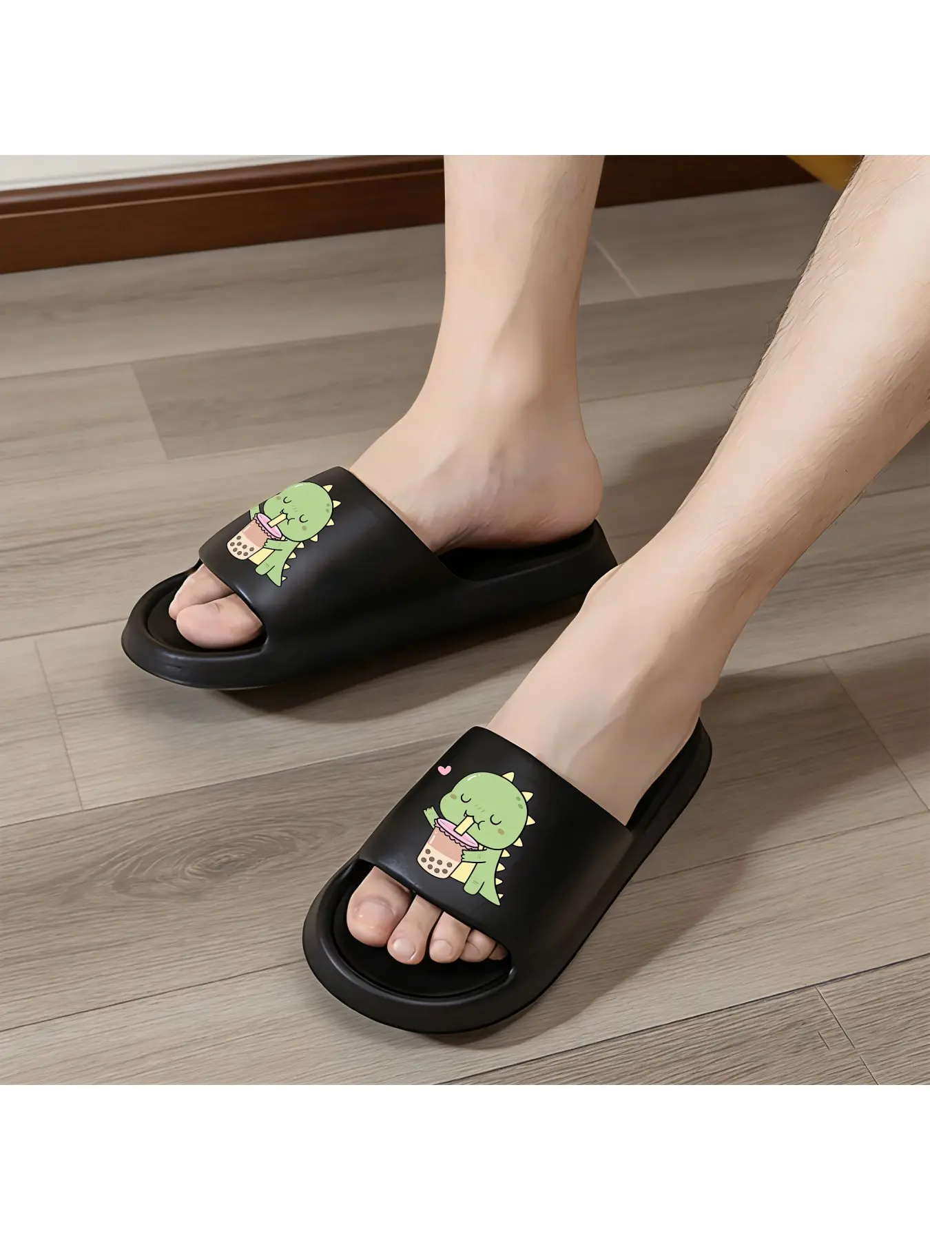 Cute Green Dino Drinking Bubble Tea Slippers Adorable Cartoon Dinosaur with Boba Milk Tea Print Comfy Non-slip Slippers for Kids and Adults Fun Casual Home Footwear with Sweet Dino Design