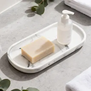 Bathroom Vanity Tray, Oval Soap Dispenser Tray, 10 Inch Kitchen Counter Trays, Silicone Bathroom Tray for Counter, Faux Marble Design, Bathroom Organizer, Bathroom Accessories