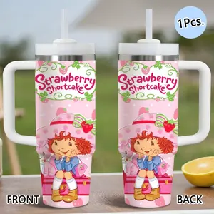 S-Strawberry Shortcake Vacuum Flasks, Insulated Drinkware, 40oz Stainless Steel Thermal Tumbler with Handle & Straw, Insulated Water Bottle, Keeps Drinks Cold Up to 34 Hours, Leak-Resistant Cup for Iced Coffee, Water, Travel