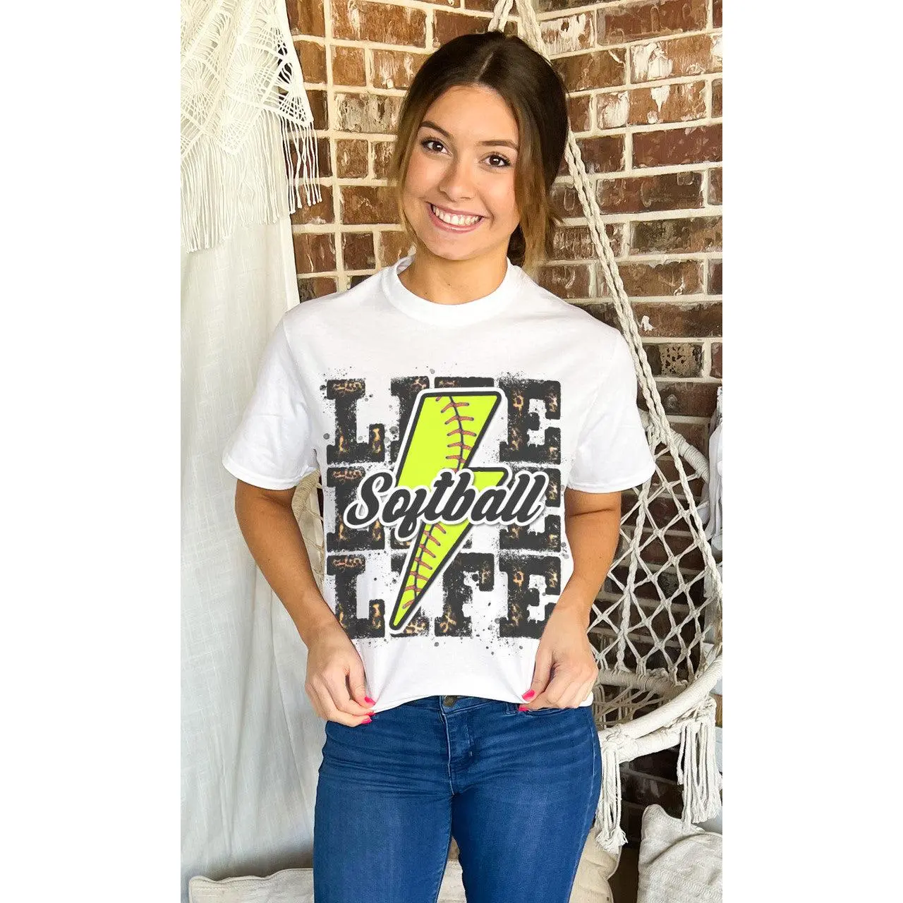 Tees2urdoor T-Shirt for Women, Leopard-Printed Softball Life Graphic, Casual 100% Cotton Streetwear with Short Sleeves, Lady, Women's Clothes, Softball Life Lightning Bolt, Cardigans, Seamless