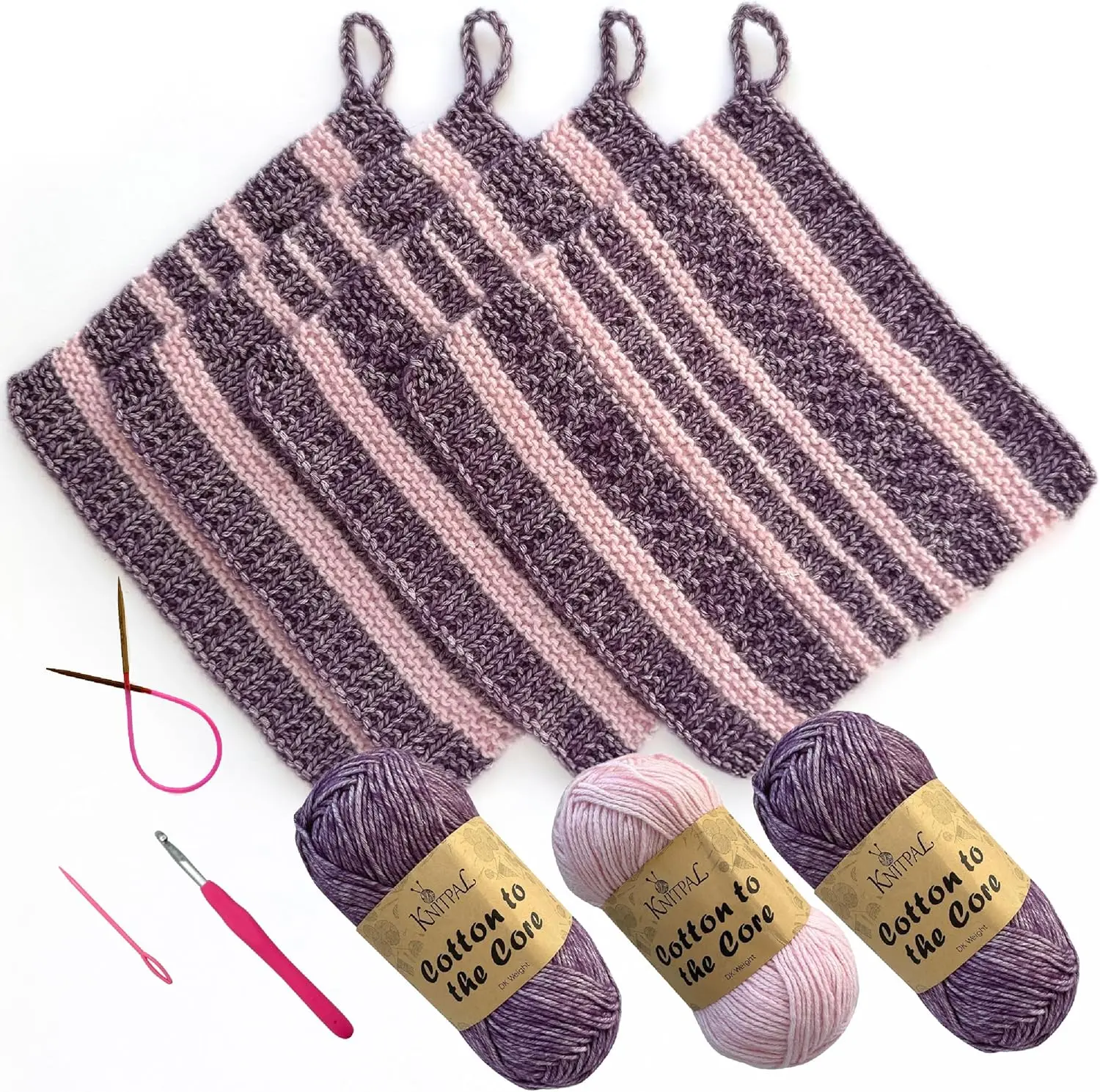 KnitPal Everyday Joy Dishcloth Knitting Kit | Make 4 Reusable Dishcloths | Cotton DK Yarn, Needles, Hook | Patterns & Video Guide | Confident Beginner (Plum Purple + Blush Pink)