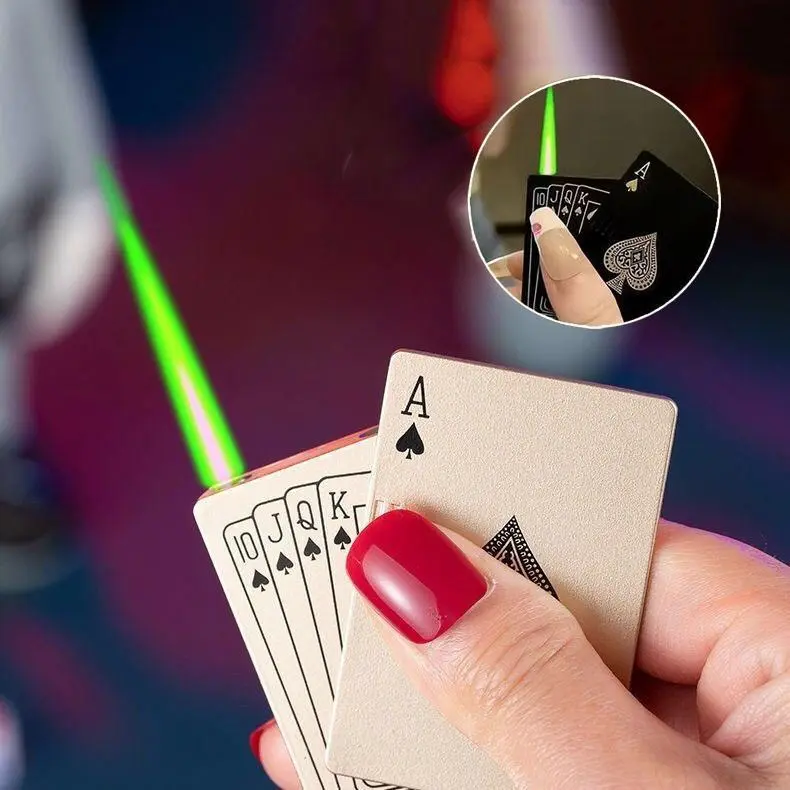 Green flame ace lighter, cool lighter windproof poker design, can be filled with butane lighter, suitable for outdoor, indoor, camping, barbecue, candles, birthdays, gifts (excluding gas)