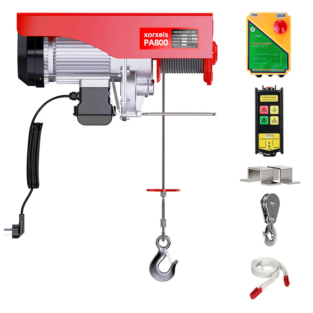 DSLM PA800 Electric Hoist Portable Winch with Steel Wire Rope, 1450W Motor, 880/1760lbs-2200lbs Capacity, 39.4ft Lift Height, Material Lifting Tool for Construction Sites, Factory Operations Rope Pulley Safety Rope