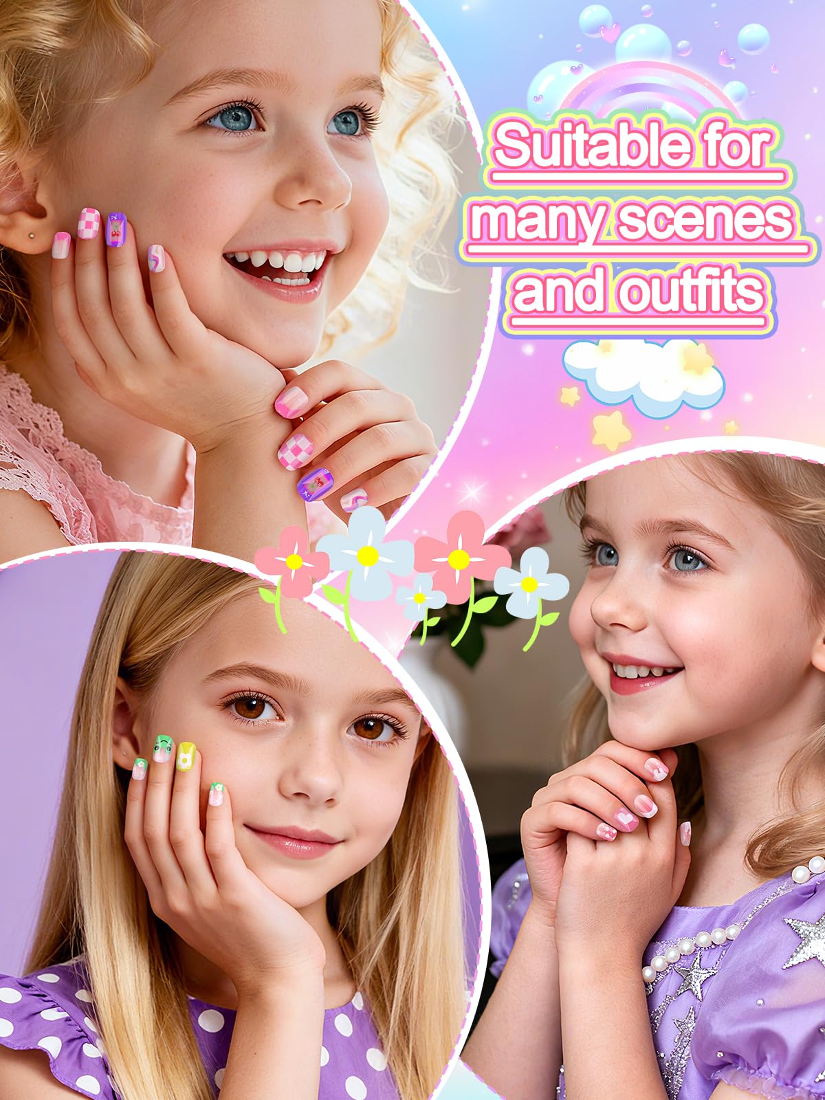 EBANKU 78 Pcs Press on Nail Kids, Frog 3 Pack Children Fake Nail Kit Full Cover Short False Fingernails with Nail Glue Nail Tools for Girl Nail Decoration