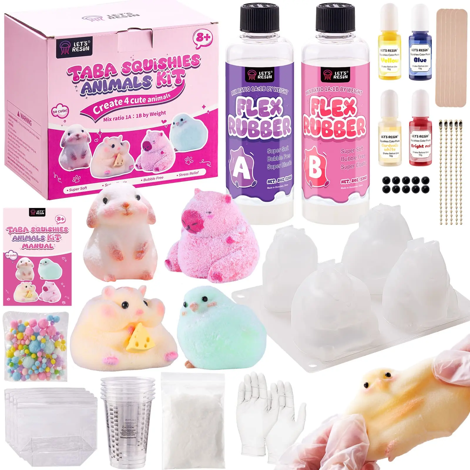 Flex Rubber for Taba Squishy Kit, mothersdaygift, All-in-one Beginner Kit for Squishy Maker, with 16oz Silicone Gel, Christmas Gifts,Hamster/Capybara/Rabbit/Chick Silicone Molds, Color Paste, Flocking Powder, Ideal Gifts - LET'S RESIN #SummerVibes