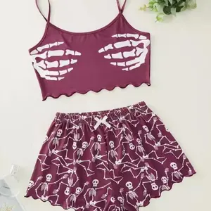 Women's Halloween pumpkin print vest and shorts pajama set, suitable for parties or comfortable nights at home