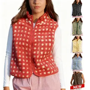 Women's autumn and winter checkered Sherpa vest wool jacket lightweight zipper sleeveless crochet checkered vest with chest pocket casual layered women's top back to school winter freshRAIMENTRY