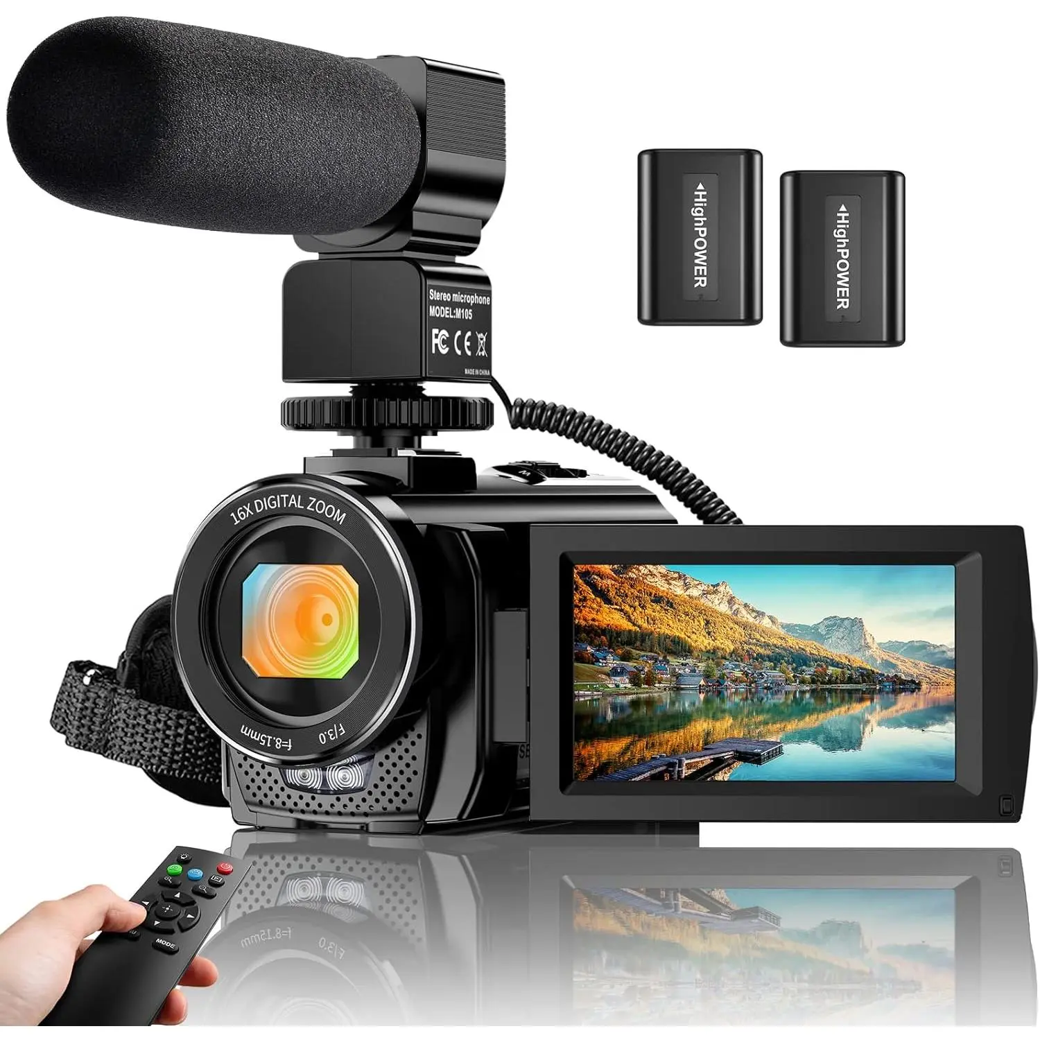 Video Camera Camcorder Digital  Vlogging Camera Recorder FHD 1080P 24.0MP 3.0 Inch 270  Rotation Screen 16X Digital Zoom Camcorder with Microphone,Remote Control and 2