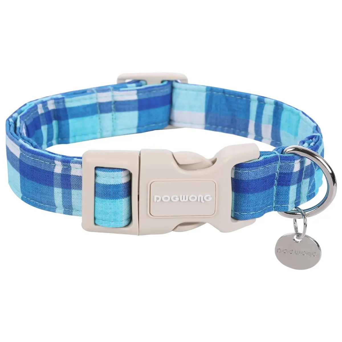 DOGWONG Blue Plaid Cotton Dog Collar – Heavy-Duty, Soft & Durable, Cute Wedding or Party Necklace for Small, Medium & Large Dogs