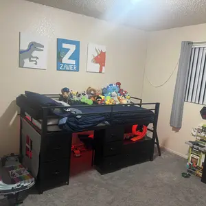 Sikaic Low Loft Bed Twin Size with 7 Storage Drawers, Bookcase and LED Lights, Metal Kids Loft Bed with 14" H Safety Guardrail, Inclined Ladder and Play Curtain, Under-Bed Play Space