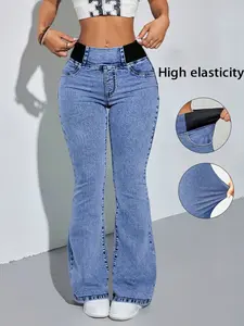 GILIPUR Y2K 2026 Women's Back Shirred Fitted Denim Jeans,Mid-Rise Elasticity Waist Flared Jeans,With Pockets,Light Blue Washing Process,Women's Bell-Bottoms Wide-Leg Jeans,Waist-Cinching Design,Tchic, Streetwear, Womenswear Everyday Pants
