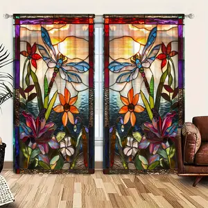 2 pieces, dragonfly and floral glass design curtains, pole pocket style, semi sunshade polyester fiber, suitable for home living room, bedroom, balcony, kitchen window decoration, anti privacy, easy to clean, Interior decoration accessories