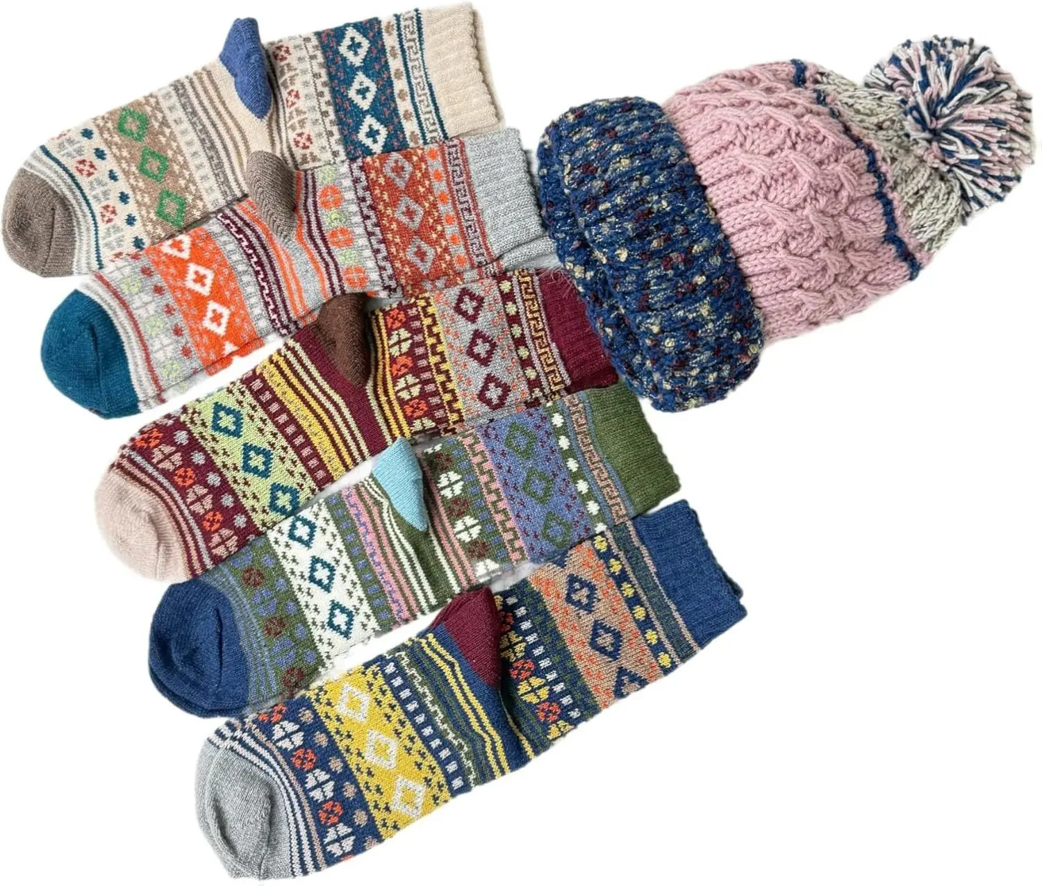 Justay Women's 5 Pairs Wool Socks & Beanie Set - Winter Thick Boot Cozy Crew Vintage Soft Calf Knit Warm Socks Gifts for Autumn and Winter