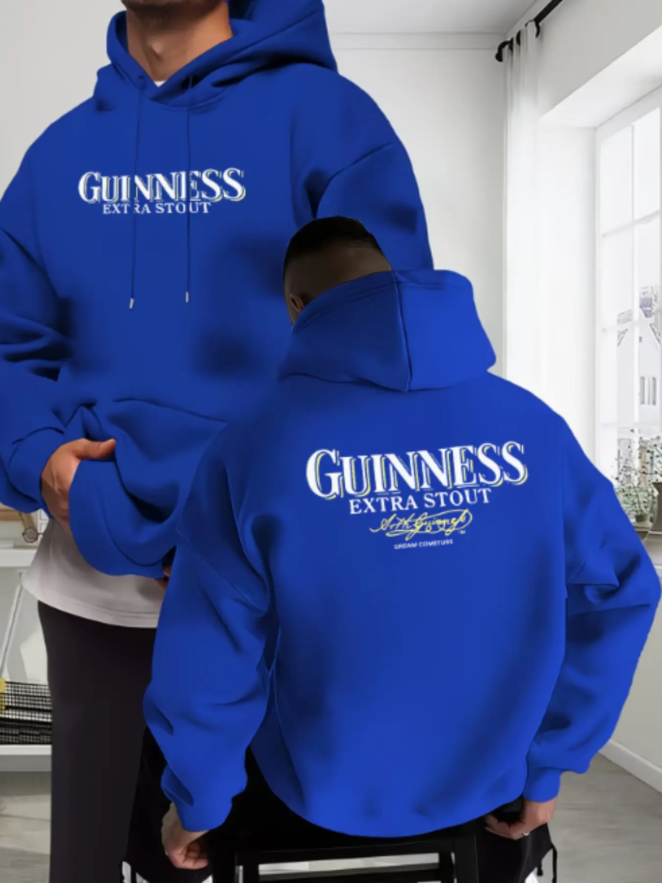 Men's Guinness Letter Print Hoodie, Fashion Casual Sweatshirt, Soft Elastic Knit Fabric, Casual Fitted Style, All Seasons Wear, Fun Fashion Essential, Casual Hooded Sweatshirt