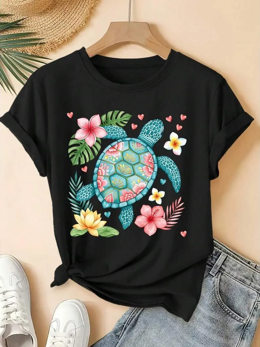 Women's Soft Cotton Spandex Short-Sleeve Round Neck Printed Top - 200GSM, Breathable, Sea Turtle Graphic, Tropical Floral Print, Everyday Casual Tee for Teachers