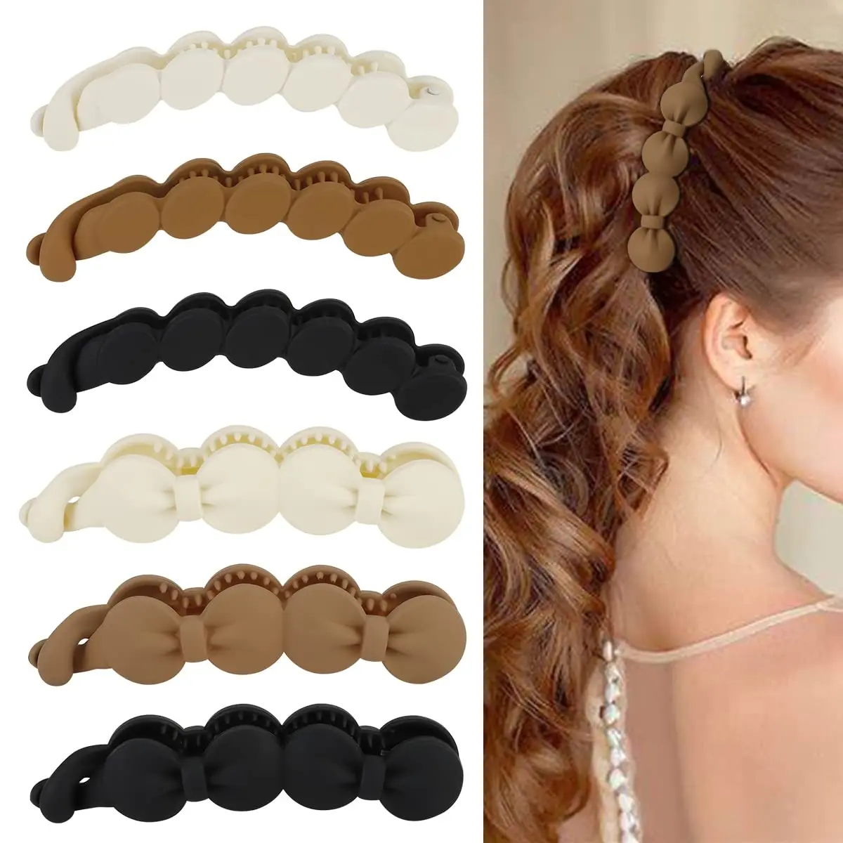 Hair Clips, 6PCS Bow Oval Banana Clips for Medium Thin Hair, 4.1 Inch Matte Strong Hold Half Ponytail Bun Holder, Hair Jaw Clips Barrettes Styling Accessories for Women Girls
