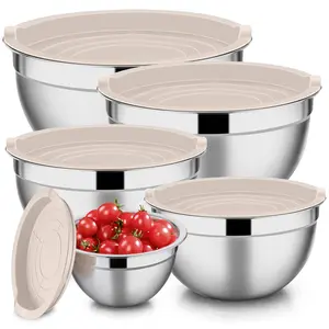 Mixing Bowls with Lids Set of 5 - Durable Stainless Steel, Airtight Lids, Stable Design, Versatile for Mixing, Baking & Serving - Khaki - Tableware