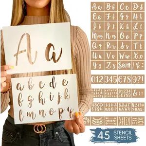 Calligraphy Stencil Template Kit - 45 count Includes Lettering Upper and Lowercase both Large Small, Numbers, Punctuation, Laurels  For Arts Crafts Painting